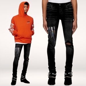 AMIRI Black Paint Drop Logo Jeans Stretch Denim Skinny-fit Distressed Mens 31